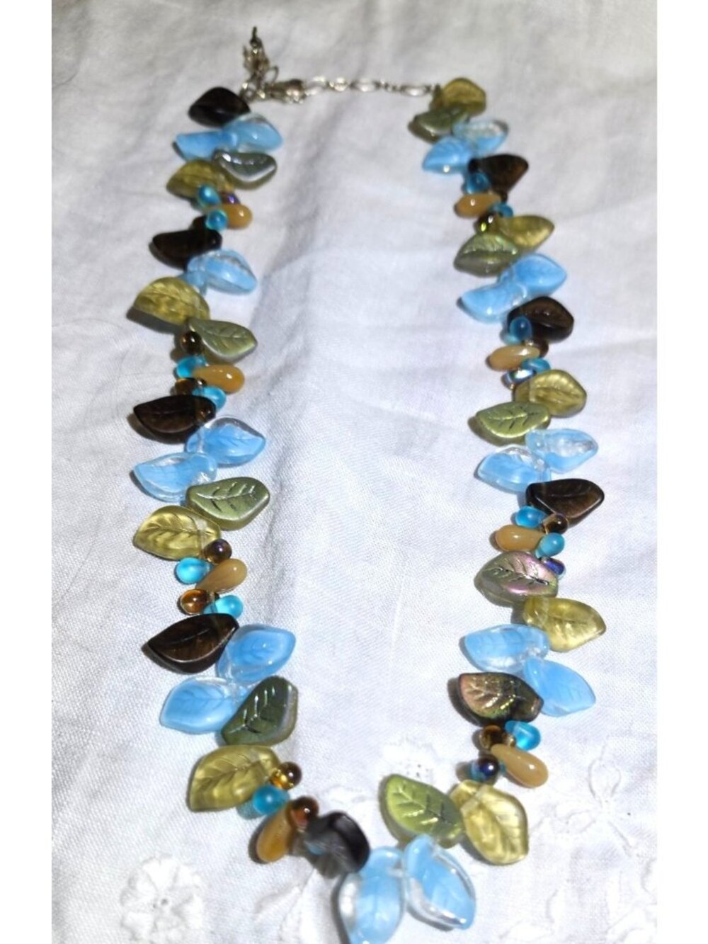 Handcrafted Blue Acrylic Leaves Bead Necklace Brown & Gold Tones Accents Hippie - Picture 3 of 4